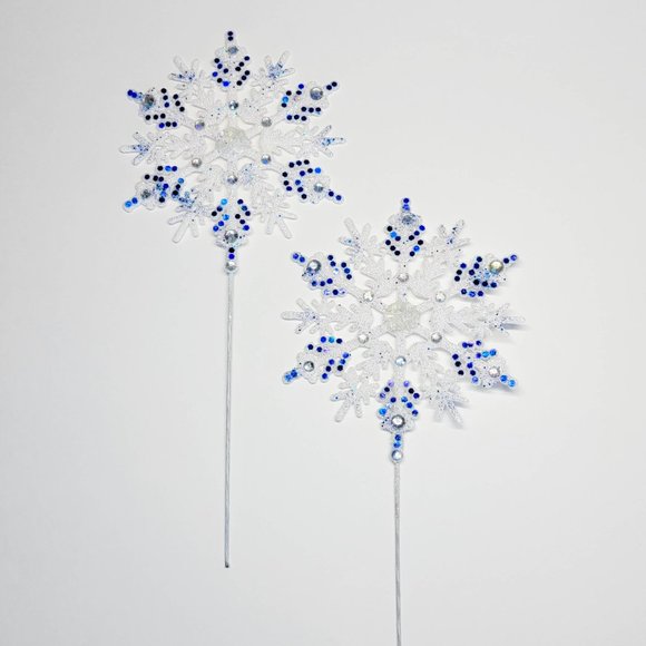 White Snowflake Picks HANDMADE w BLUE accent confetti and glitter christmas - Picture 4 of 7